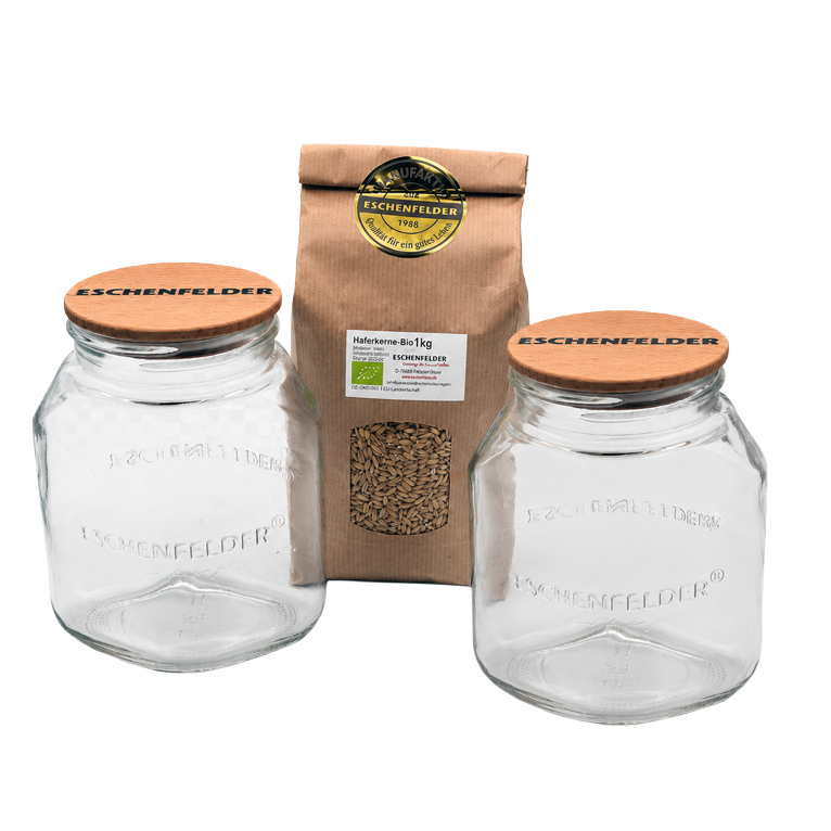NEU: Eschenfelder Vorrats-Set – 2 × 1000 ml Vorratsglas & 1 kg Bio-Haferkerne