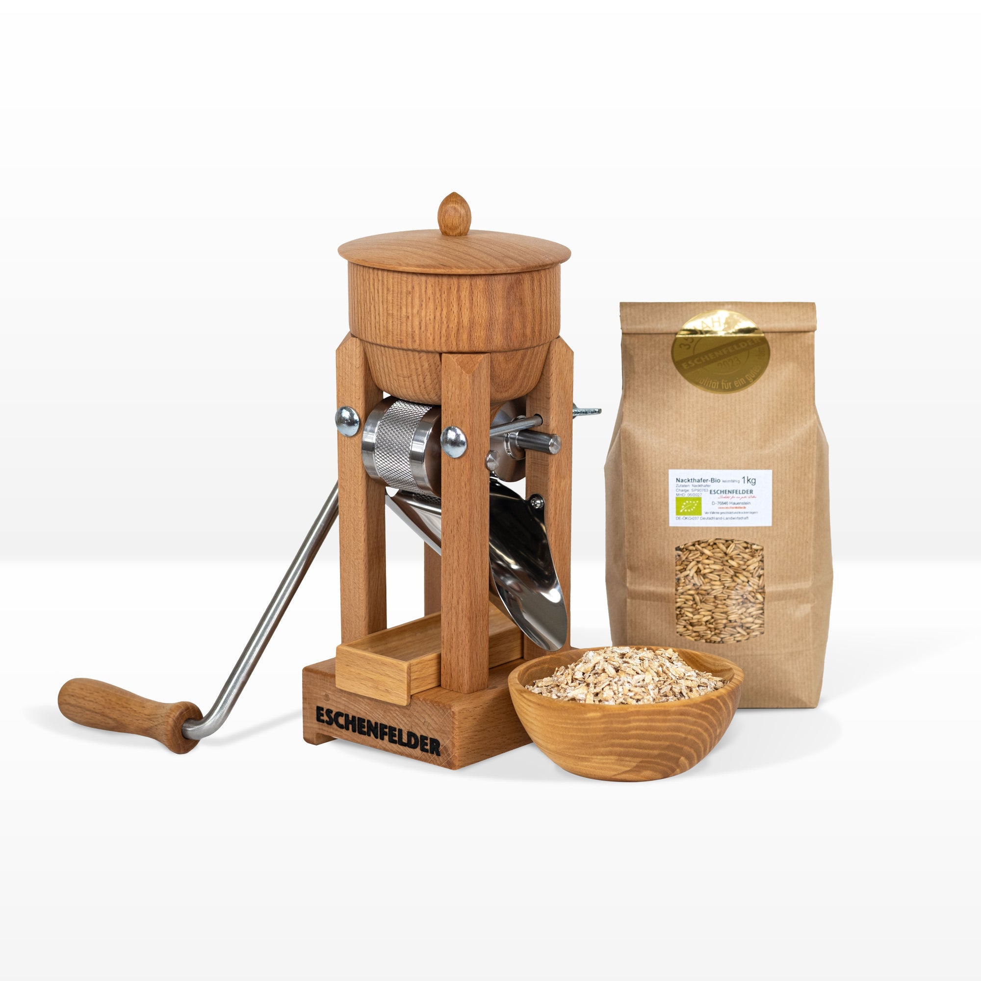 ANGEBOT: Korn-Quetsche Tischmodell "Buche" mit passendem Zubehör, inkl. Zwinge