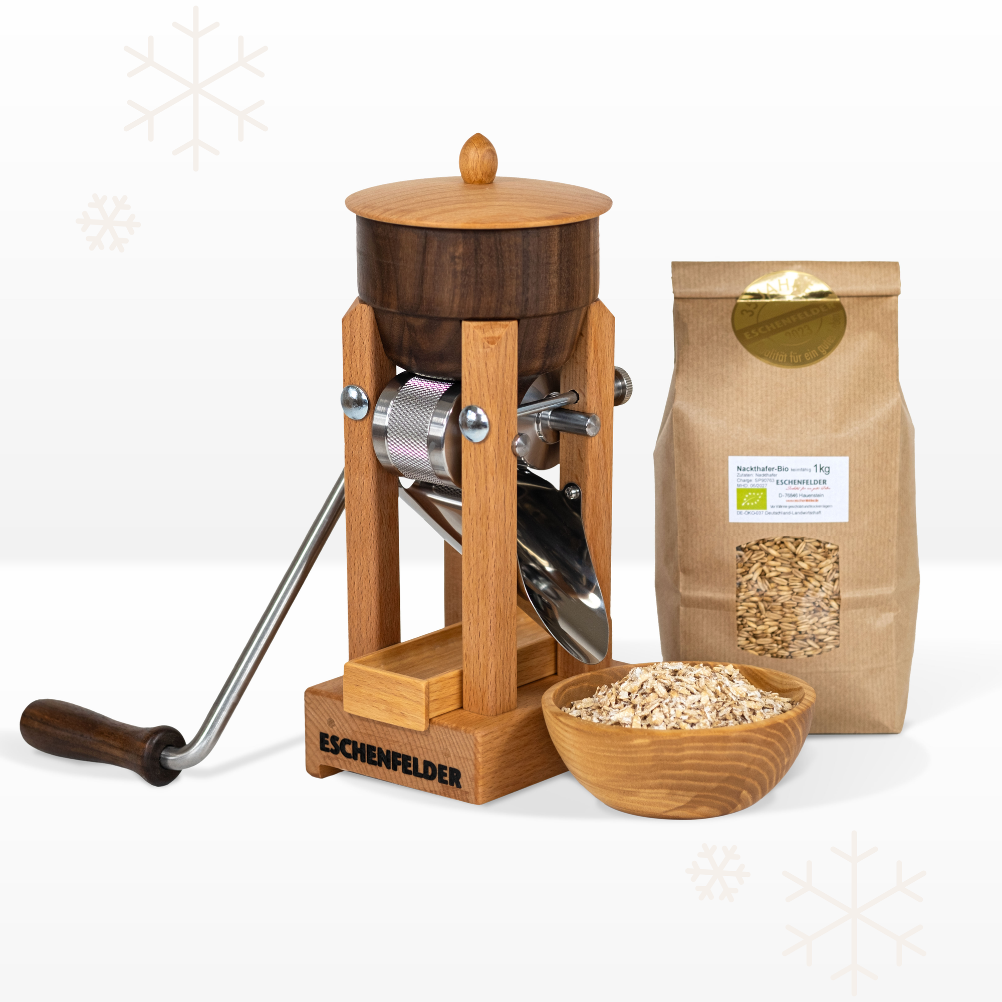 ANGEBOT: Korn-Quetsche Tischmodell "Nussbaum" mit passendem Zubehör, inkl. Zwinge