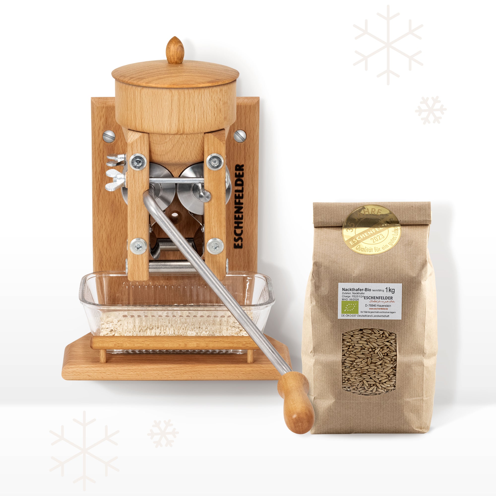 ANGEBOT: Korn-Quetsche Wandmodell "Holztrichter" mit passendem Zubehör, inkl. Glasschale