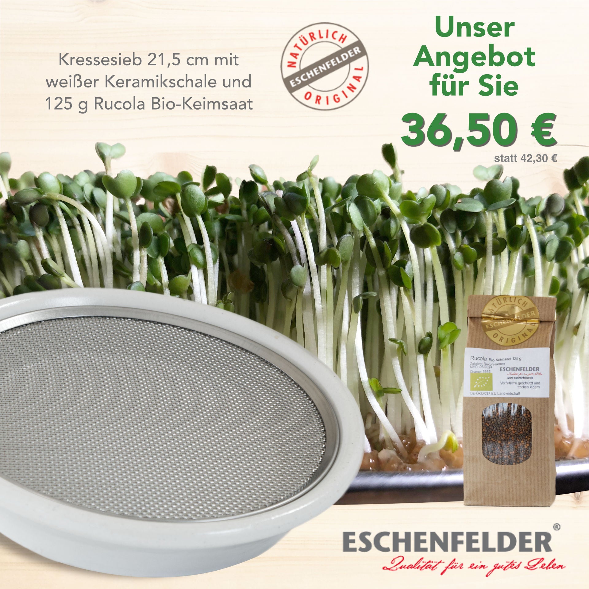 ANGEBOT: Kressesieb 21,5 cm Weiß mit 125 g Bio-Keimsaat Rucola