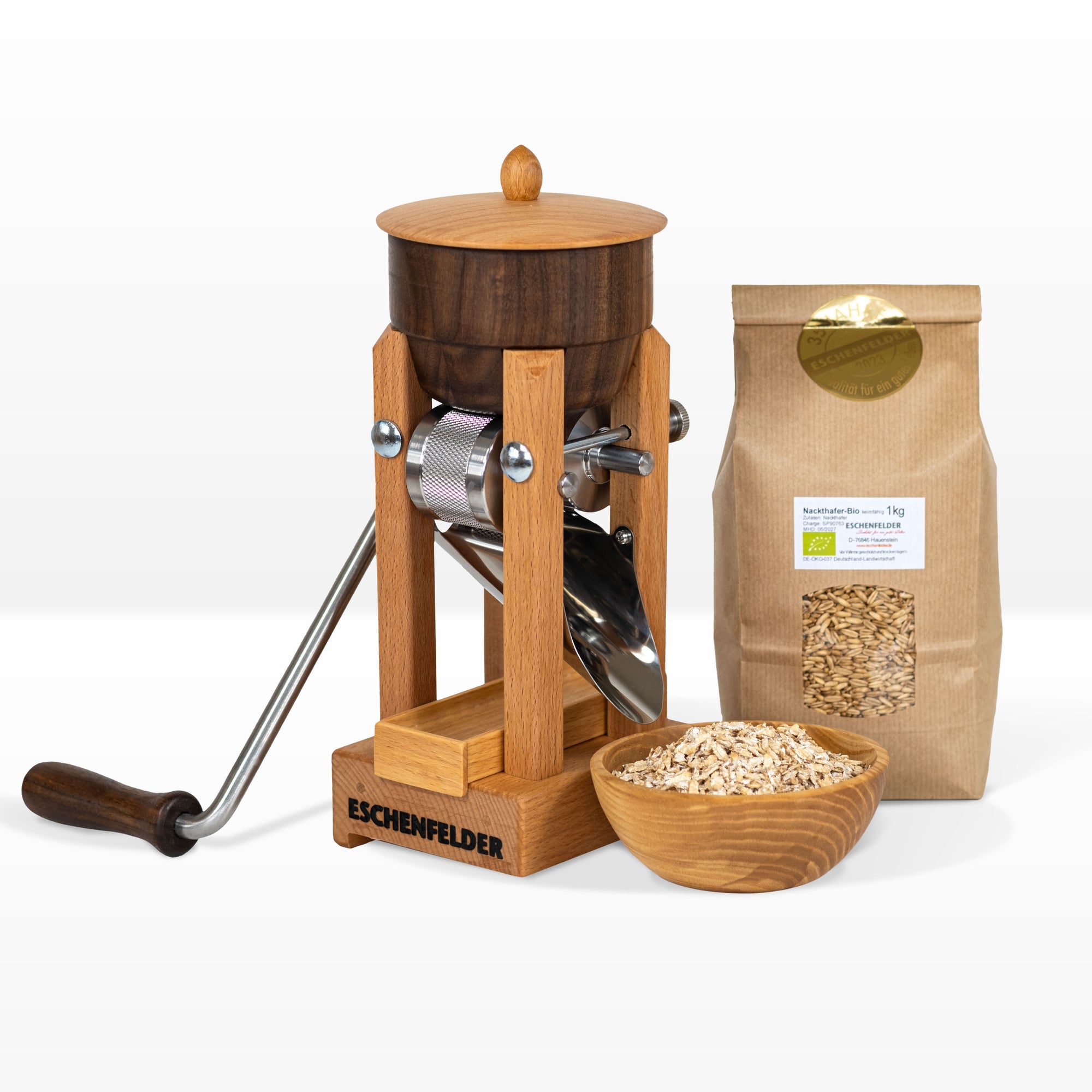 ANGEBOT: Korn-Quetsche Tischmodell "Nussbaum" mit passendem Zubehör, inkl. Zwinge