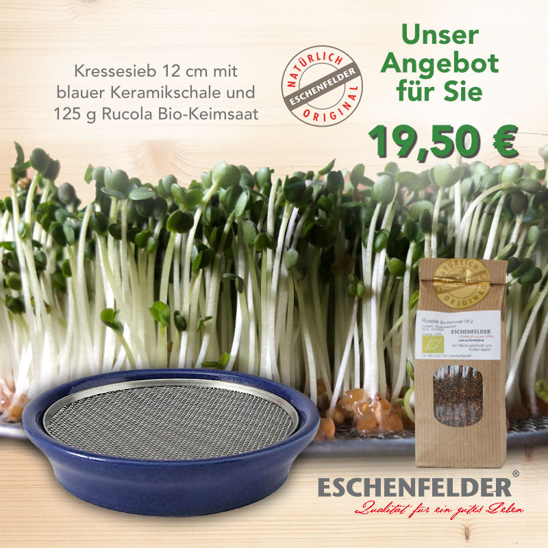 ANGEBOT: Kressesieb 12 cm Blau mit 125 g Bio-Keimsaat Rucola