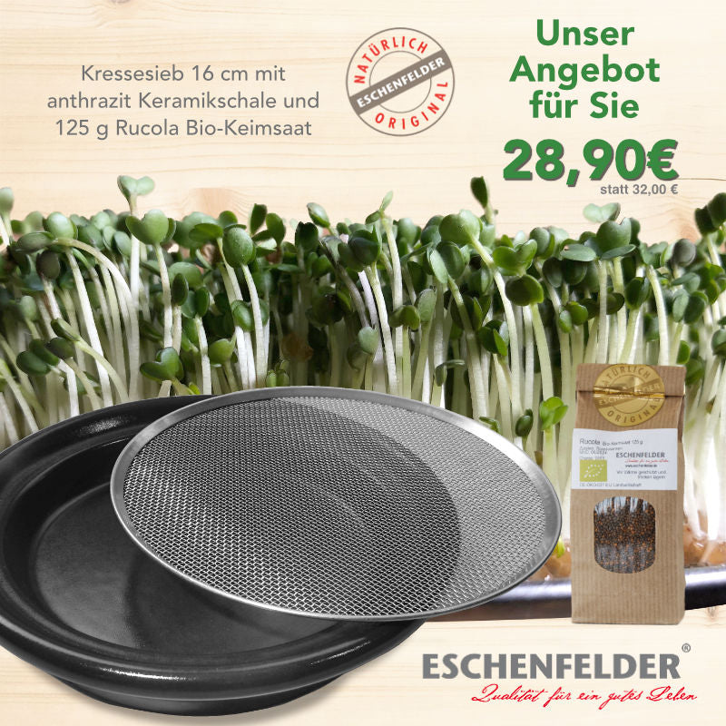 ANGEBOT: Kressesieb 16 cm Anthrazit mit 125 g Bio-Keimsaat Rucola