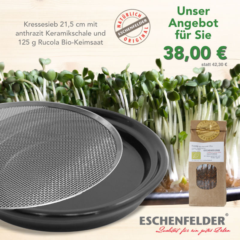 ANGEBOT: Kressesieb 21,5 cm Anthrazit mit 125 g Bio-Keimsaat Rucola