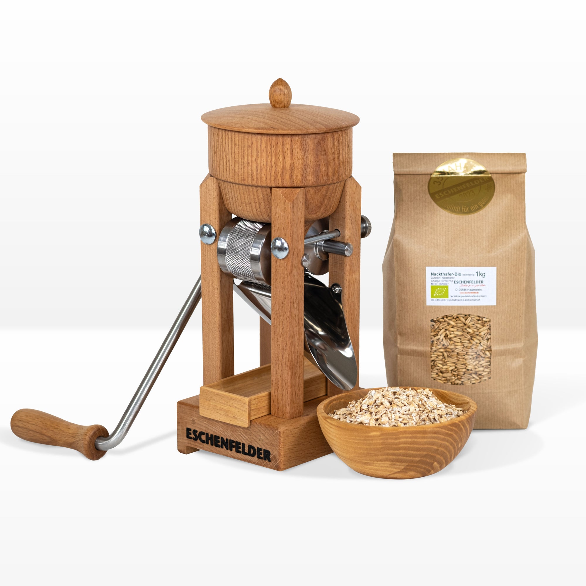 Geschenkset Korn-Quetsche - Tischmodell "Holztrichter", inkl. Zwinge und passendem Zubehör