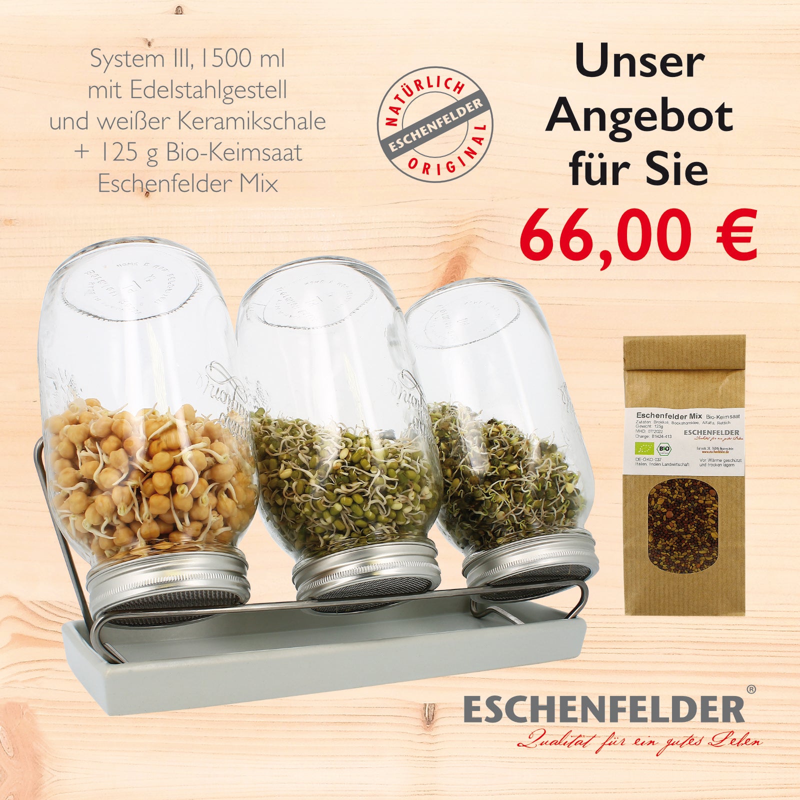 ANGEBOT System III 1500 ml, Schale Weiß mit Bio Keimsaat Eschenfelder Mix