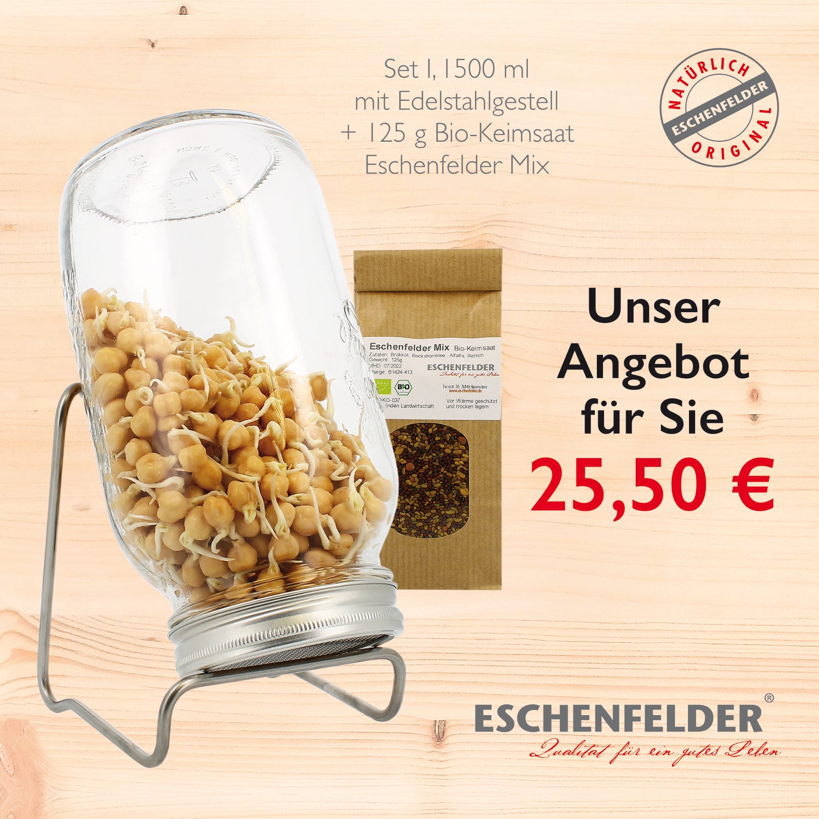 ANGEBOT: Set I, Sprossenglas 1500 ml mit Gestell und Bio-Keimsaat Eschenfelder MIx